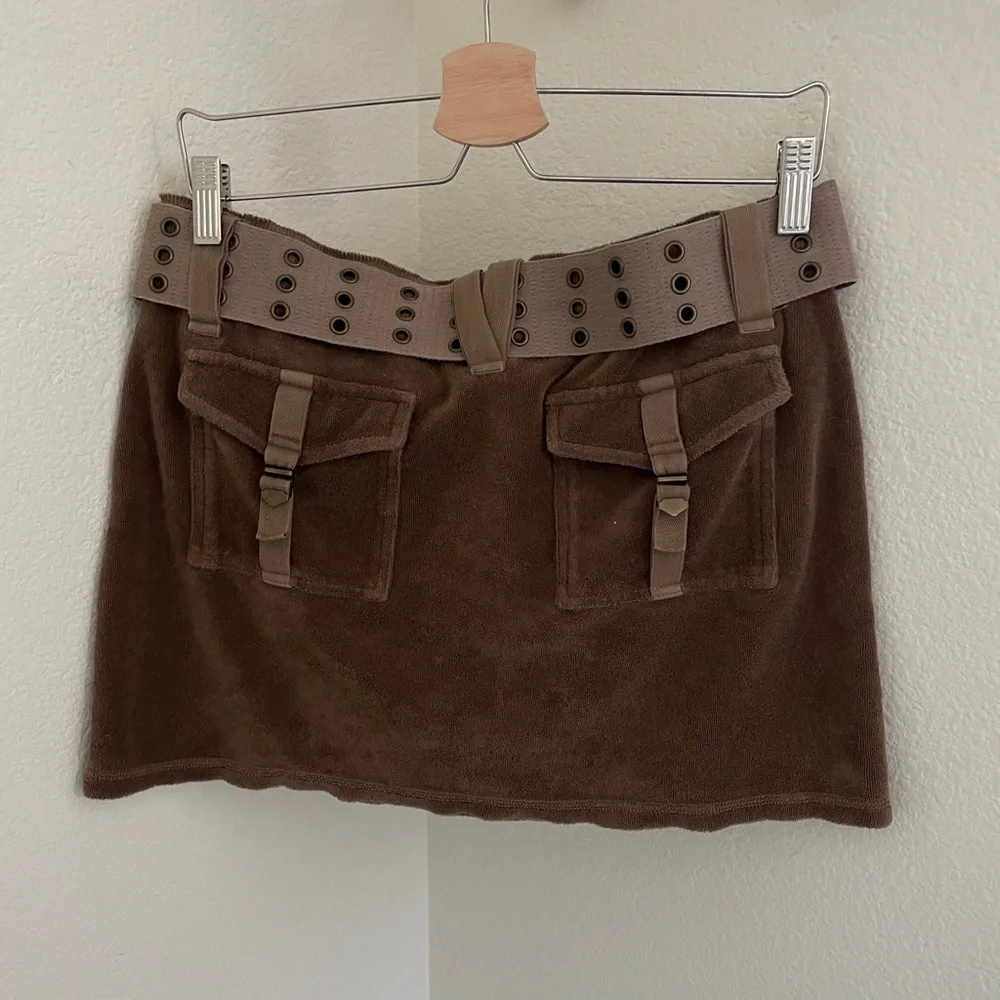 Juicy couture rare vintage Y2K mini cargo brown terrycloth skirt with belt